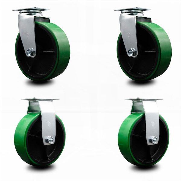 6 Inch Green Poly on Cast Iron Caster Set with Ball Bearings 2 Swivel 2 Rigid